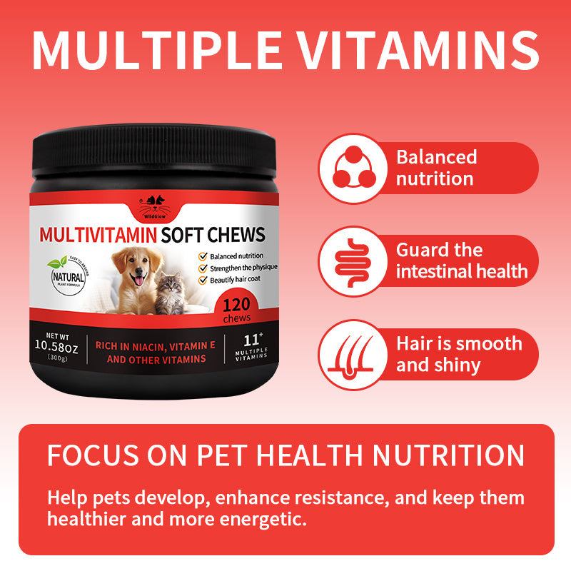 Pet multivitamin chewable tablets for dogs and cats with probiotics, minerals, and joint support for balanced nutrition, digestion, and healthy coat.