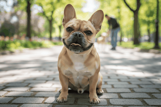 Smiling French Bulldog sitting in a park, perfect representation for a pet supplies guide.
