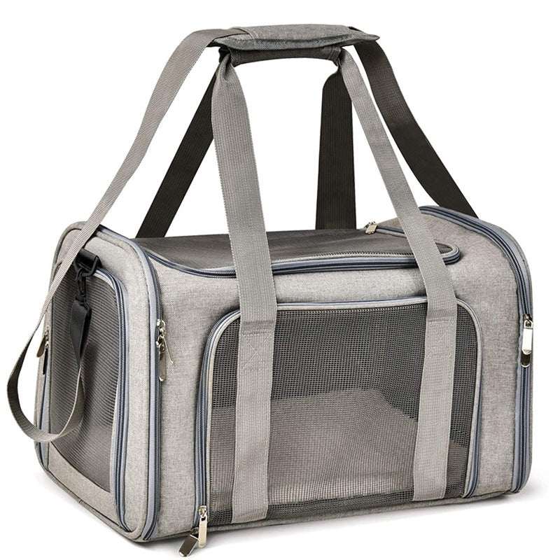 Gray TSA approved pet backpack transport box with mesh ventilation panels and shoulder straps for dogs and cats