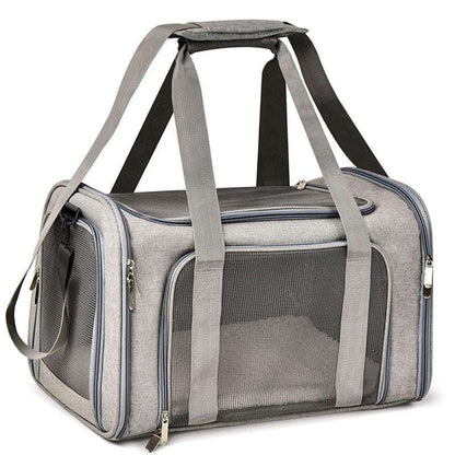 Gray TSA approved pet backpack transport box with mesh ventilation panels and shoulder straps for dogs and cats