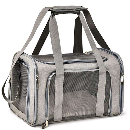 Gray TSA approved pet backpack transport box with mesh ventilation panels and shoulder straps for dogs and cats