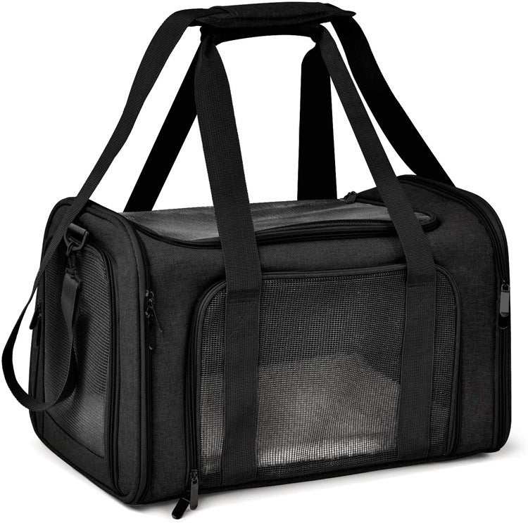 Black pet backpack transport box with mesh ventilation panels and multiple handles for carrying pets.