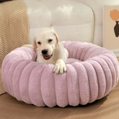 Pet bed high weight straight striped rabbit plush pet mat long hair round cat bed winter warm dog bed dog bed with a puppy.