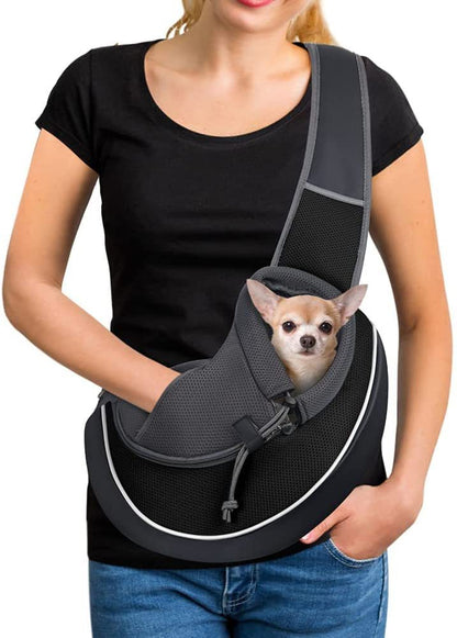 Carrying Pets Bag Women Outdoor Portable Crossbody Bag For Dogs Cats Pet Products with a dog inside.