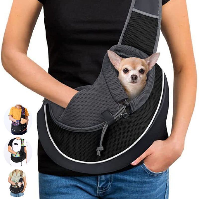 woman wearing black breathable carrying pets bag with small dog inside portable crossbody pet carrier for dogs and cats