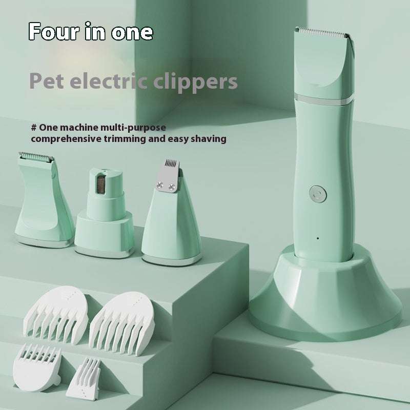 Dog grooming set with 4-in-1 electric clippers, multiple trimming heads, and guide combs for easy pet hair and nail trimming.