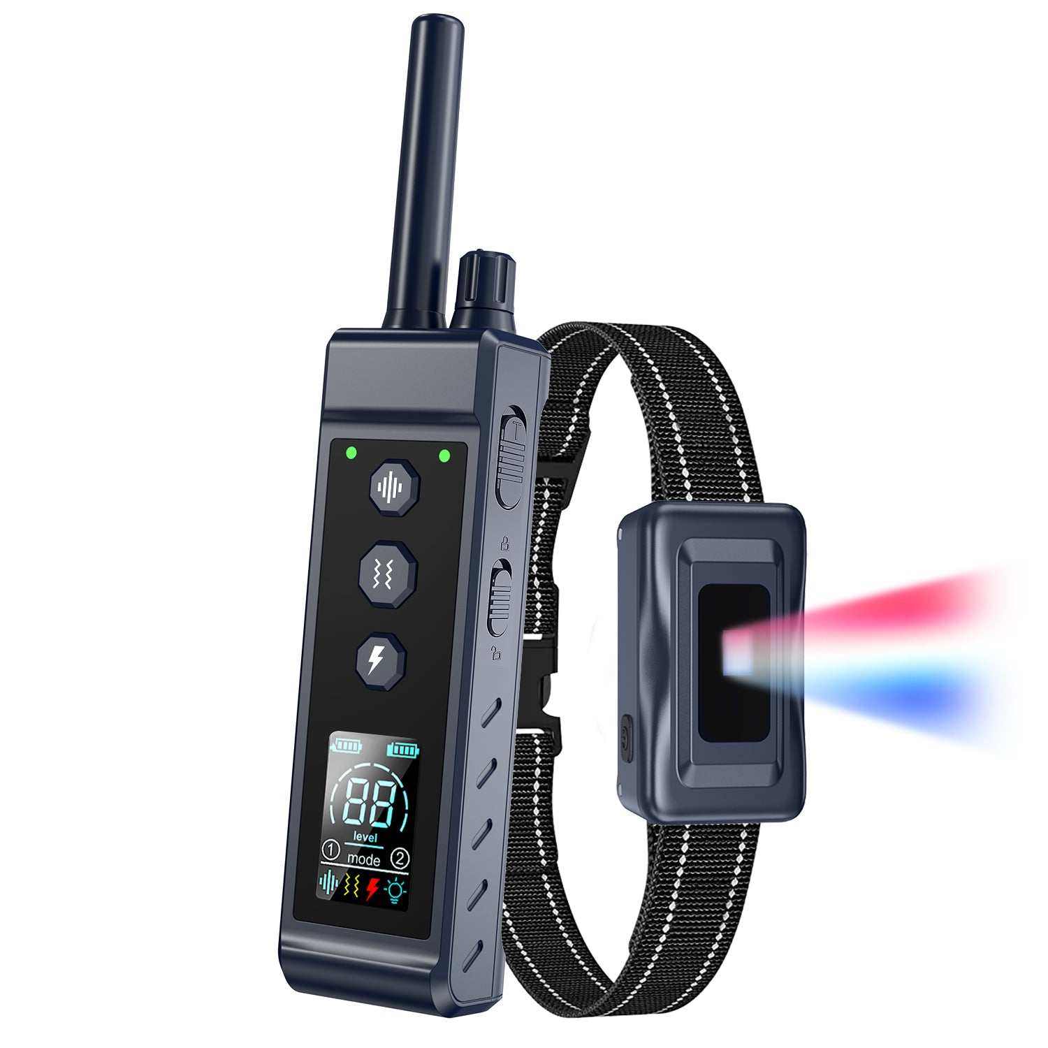 Black waterproof dog vibration collar with rechargeable remote and adjustable training modes for dogs 5-120 pounds