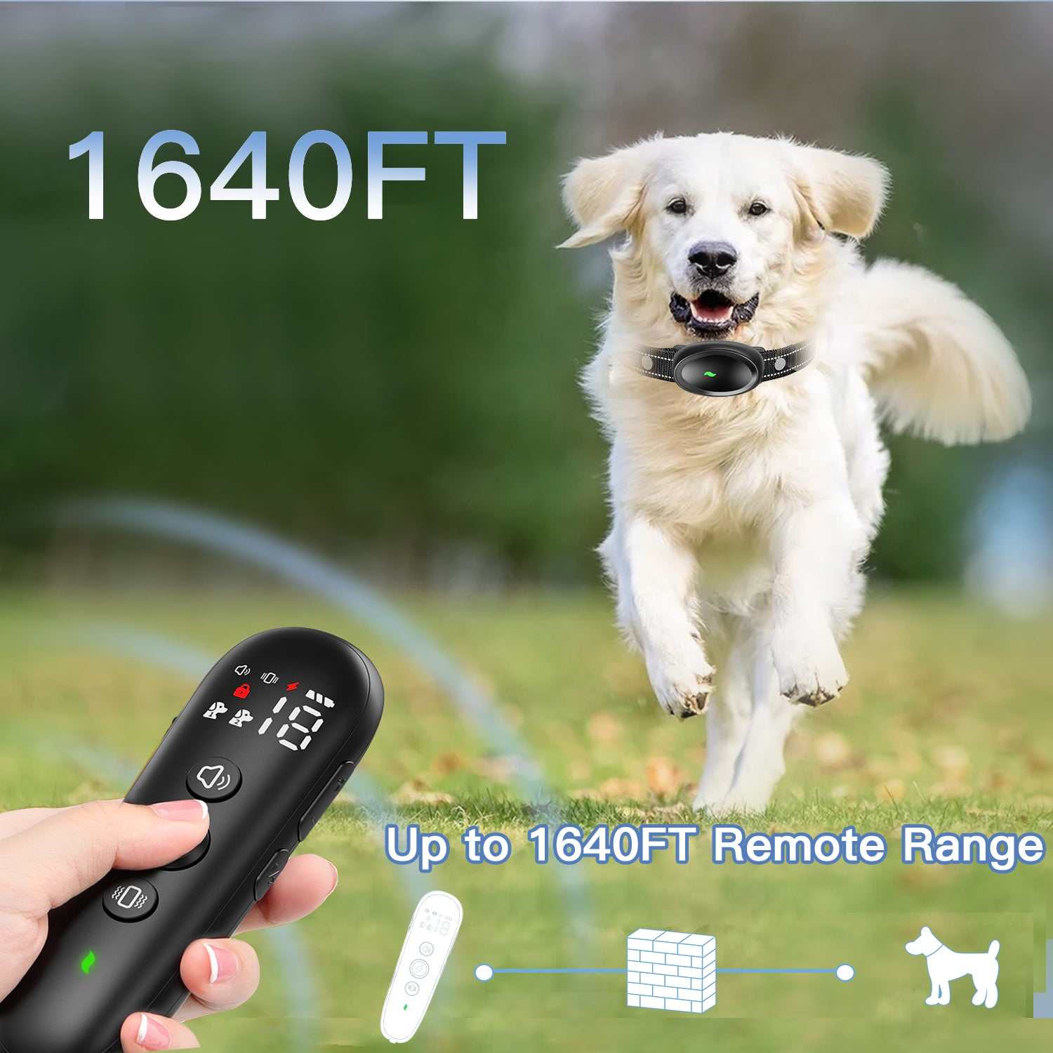 Dog training collar with remote control, waterproof, 1640ft range, and multiple correction modes for effective dog obedience training.