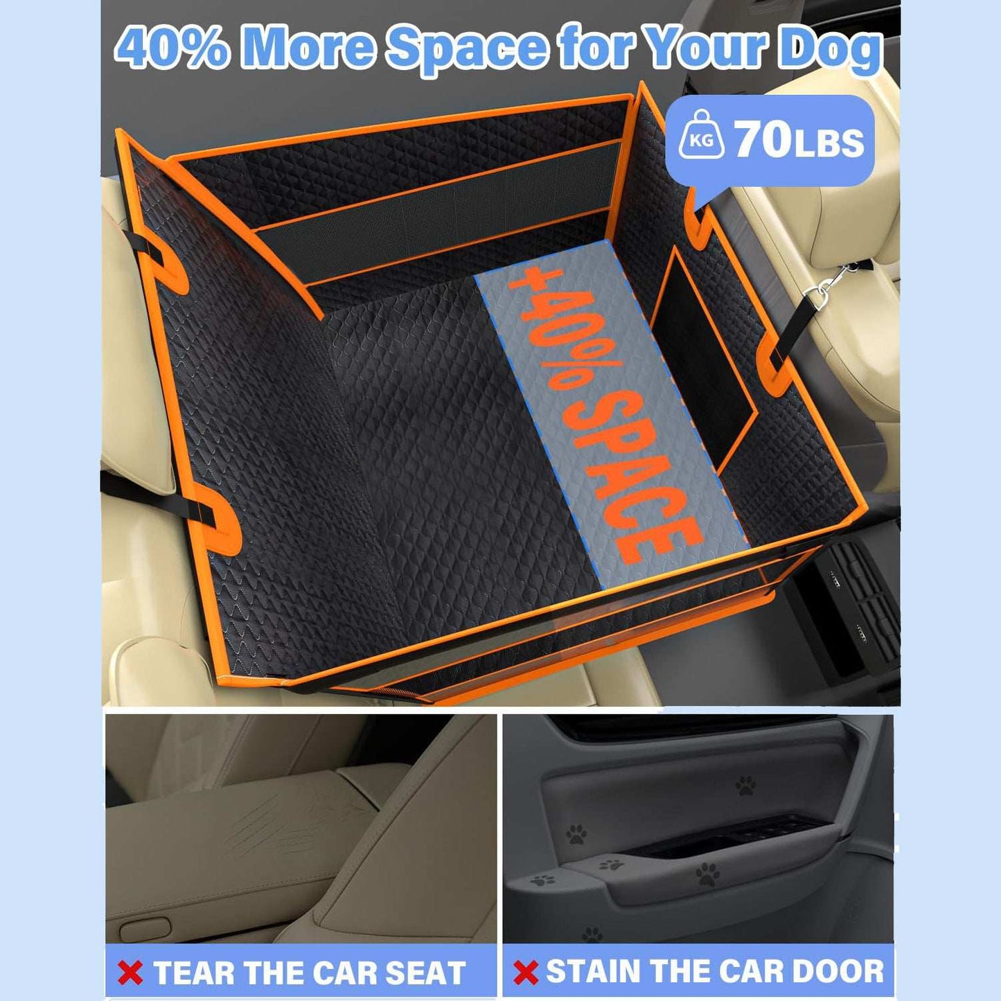 Large dog car seat extender with waterproof, scratch-resistant material and anti-slip backing for safe car travel up to 70lbs