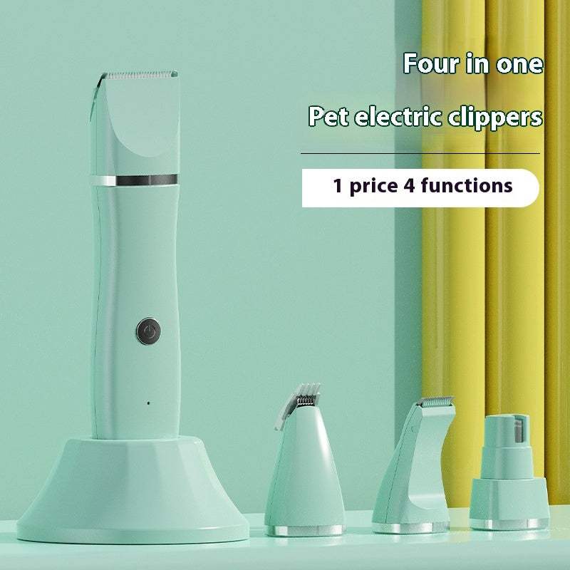 Wireless dog grooming set with four detachable electric clipper heads and charging base