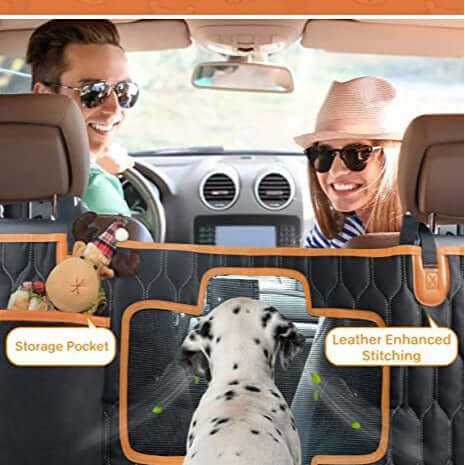 detachable waterproof pet car cushion featuring storage pocket and leather enhanced stitching in a car with a dog