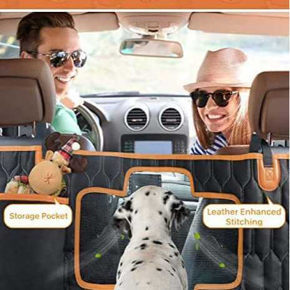 detachable waterproof pet car cushion featuring storage pocket and leather enhanced stitching in a car with a dog