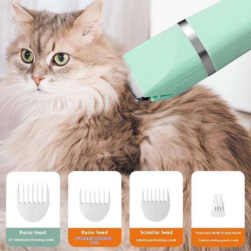 Wireless dog grooming set with multiple comb heads trimming a fluffy cat's fur