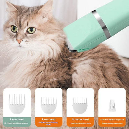 Wireless dog grooming set with multiple comb heads trimming a fluffy cat's fur