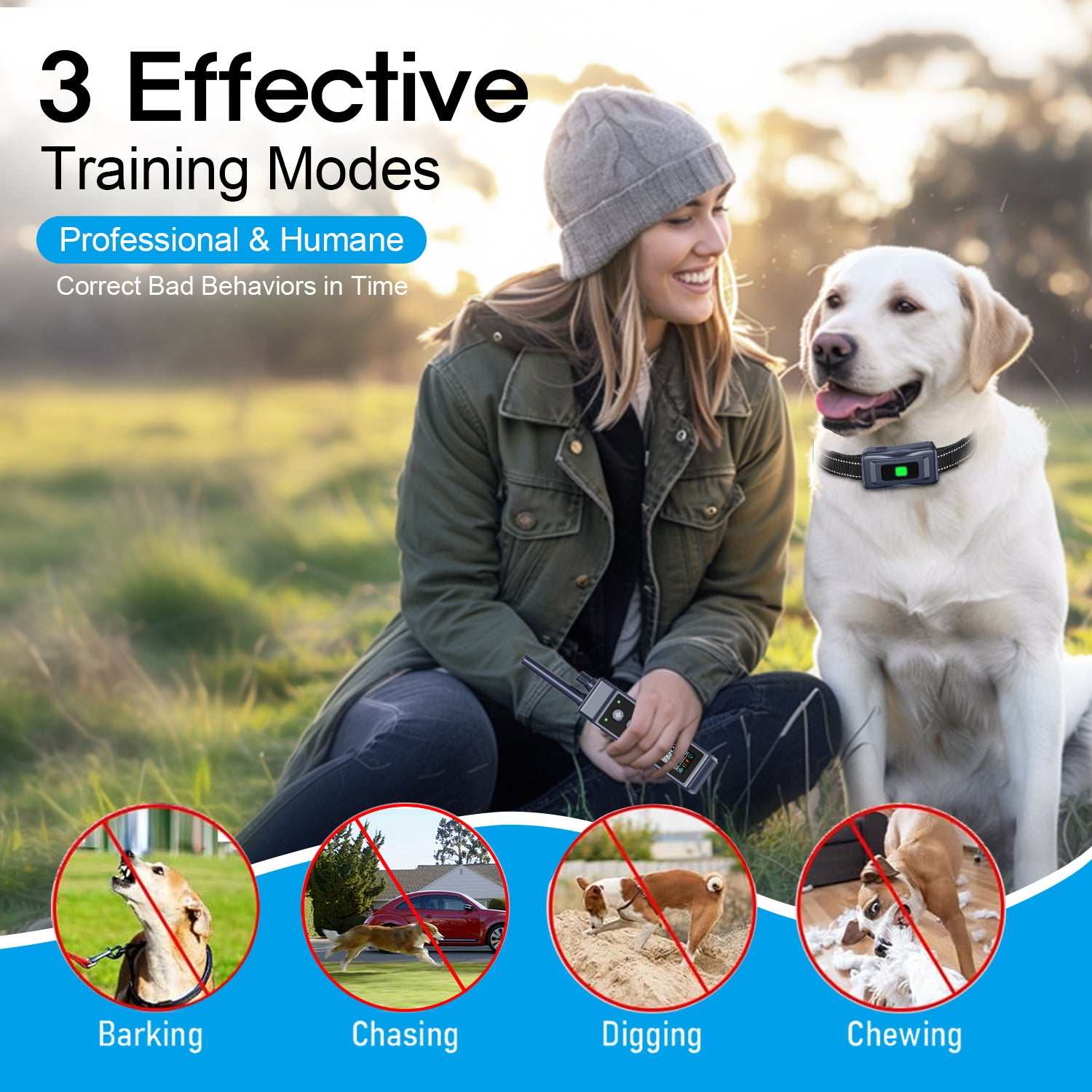 Dog vibration collar with remote control for training barking, chasing, digging, and chewing behaviors in dogs 5-120 pounds, waterproof up to 3300 feet.