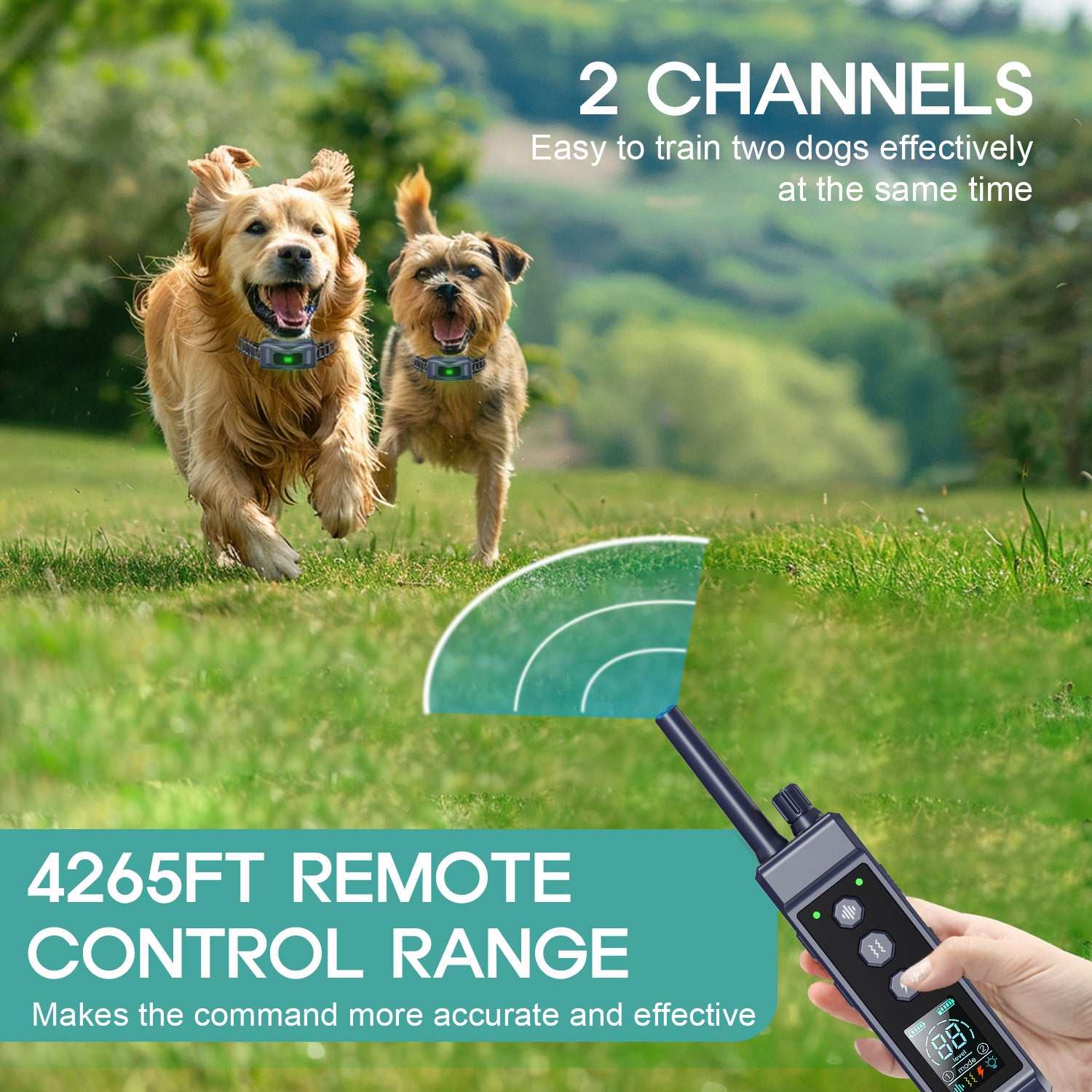 Dog vibration collar with 4265 ft remote range, dual channel for training two dogs, waterproof and rechargeable