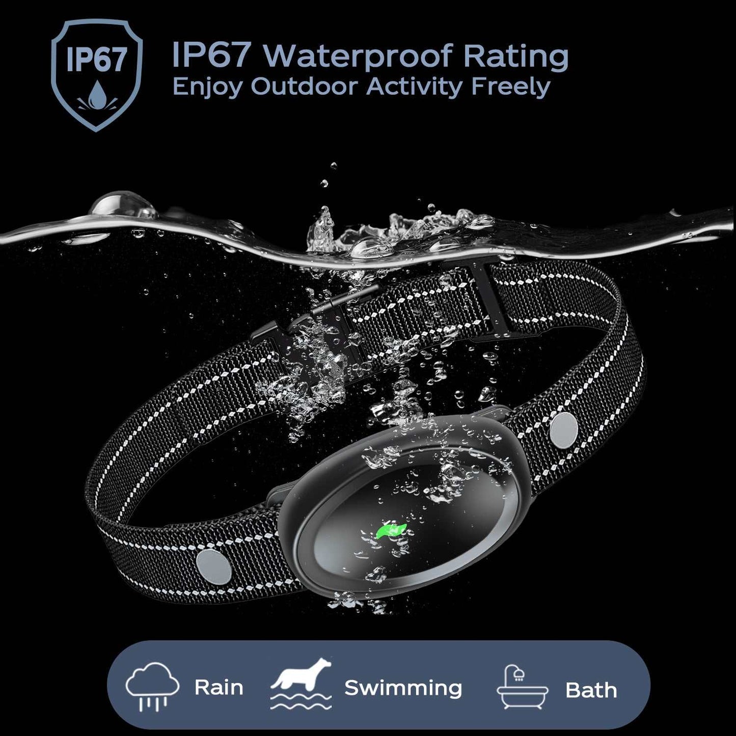 Waterproof dog training collar with IP67 rating for rain, swimming, and bath use.