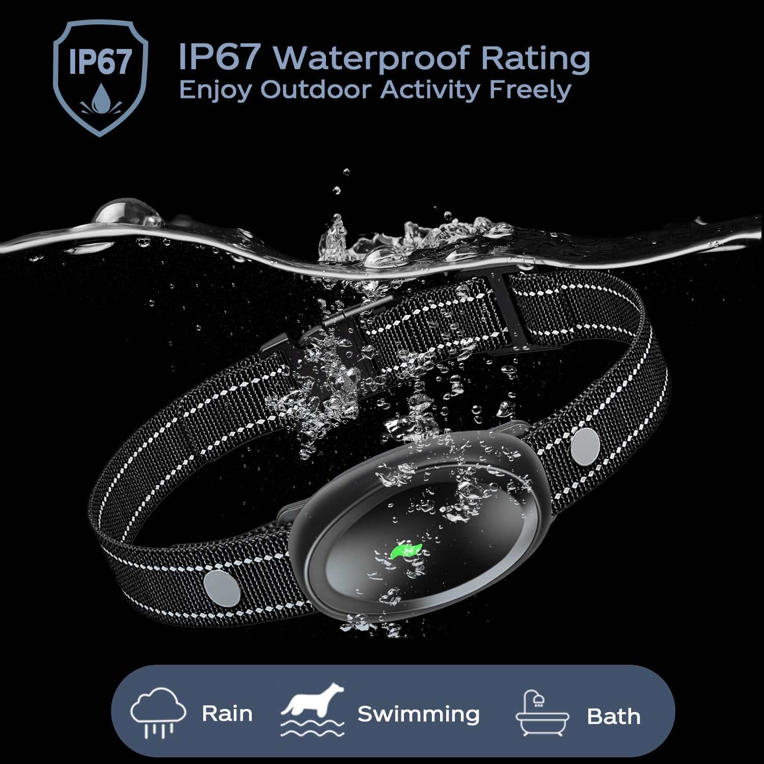 Waterproof dog training collar with IP67 rating for rain, swimming, and bath use.