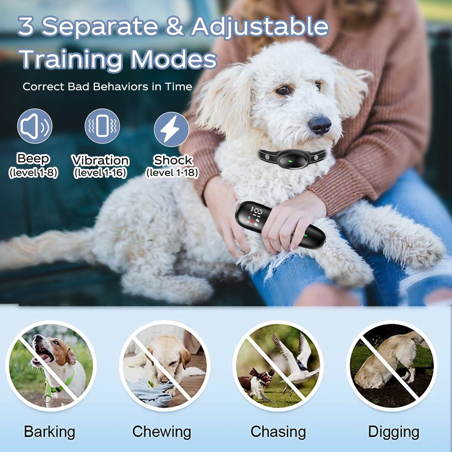Waterproof dog training collar with remote, 1600ft range, beep, vibration, and shock modes to control barking, chewing, chasing, and digging behaviors.
