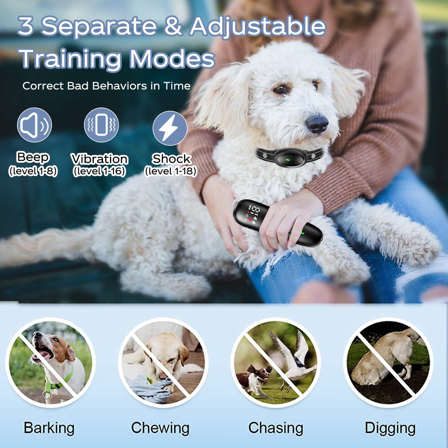 Waterproof dog training collar with remote, 1600ft range, beep, vibration, and shock modes to control barking, chewing, chasing, and digging behaviors.