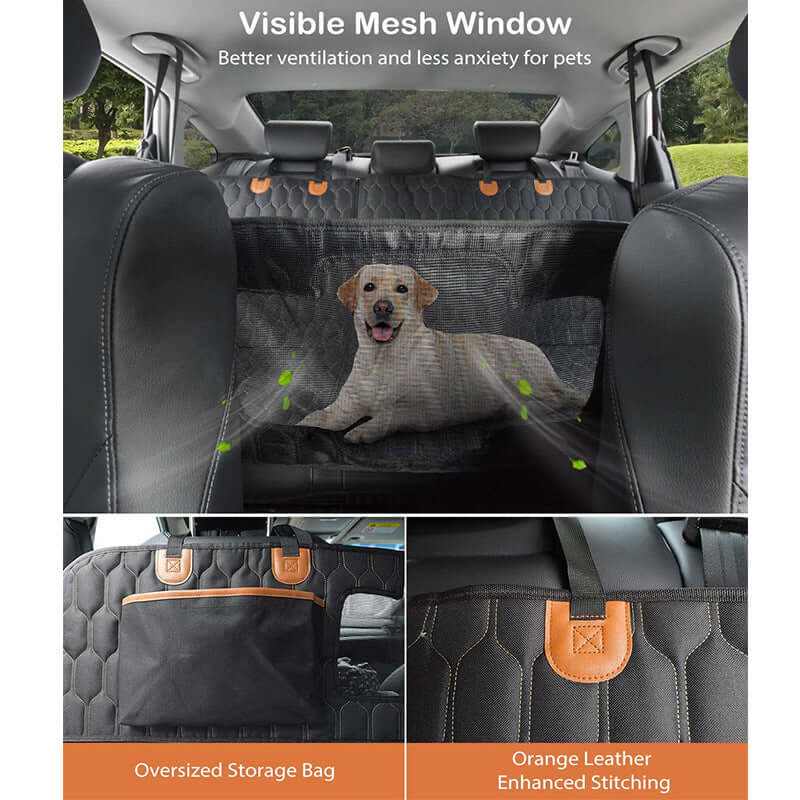 detachable waterproof pet car cushion with visible mesh window and oversized storage bag
