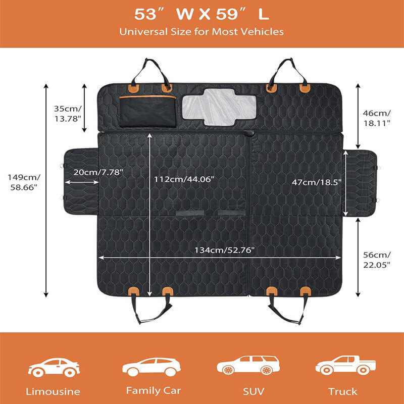detachable waterproof pet car cushion dimensions for universal fit in most vehicles.