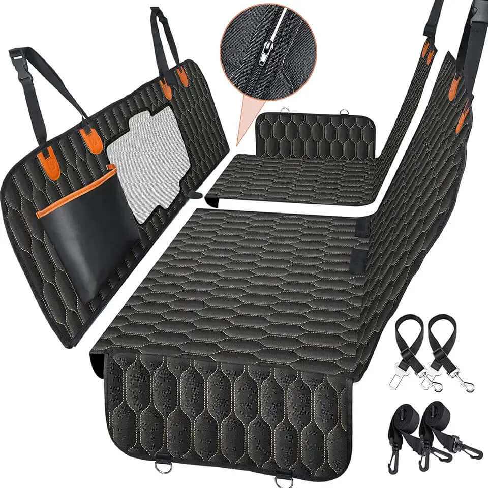 detachable waterproof pet car cushion featuring a quilted design and adjustable straps for secure attachment.