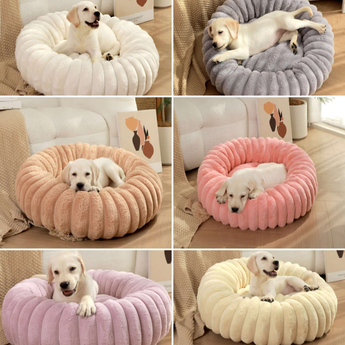 Collage of plush pet beds for winter in various colors, featuring a dog lounging comfortably in each bed.