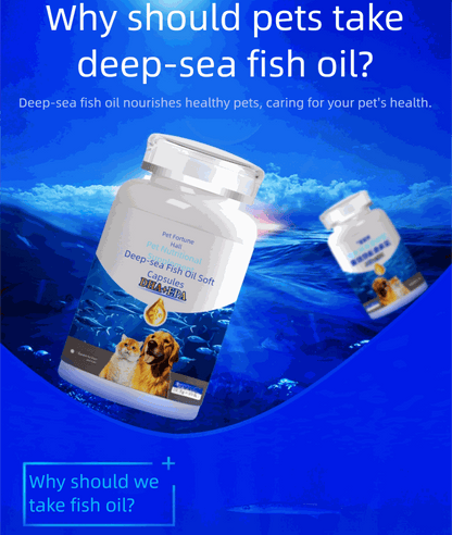 bottle of odorless deep-sea fish oil capsules for dogs and cats promoting heart skin coat and joint health