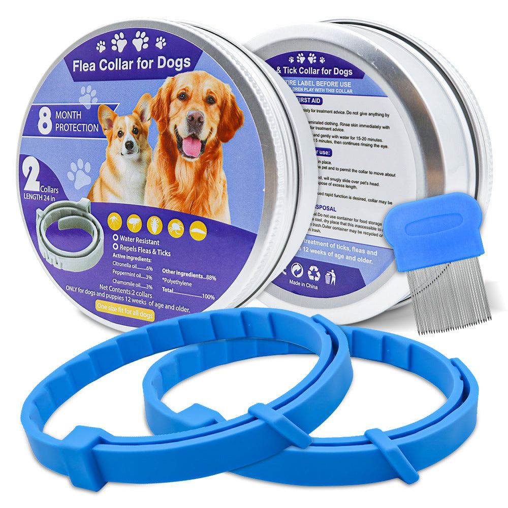 Blue flea and tick collars for dogs with metal comb and round packaging showing dog images and protection details