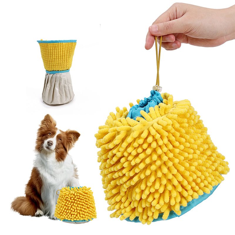 Portable yellow microfiber Dog Paw Cleaner Cup hanging from hand with dog and cup shown separately