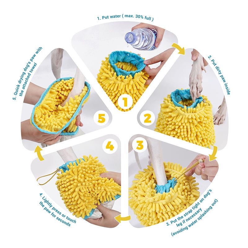 Step-by-step guide to using the Dog Paw Cleaner Cup with yellow microfiber bristles on a dog's paw