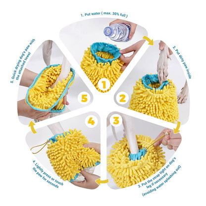 Step-by-step guide to using the Dog Paw Cleaner Cup with yellow microfiber bristles on a dog's paw