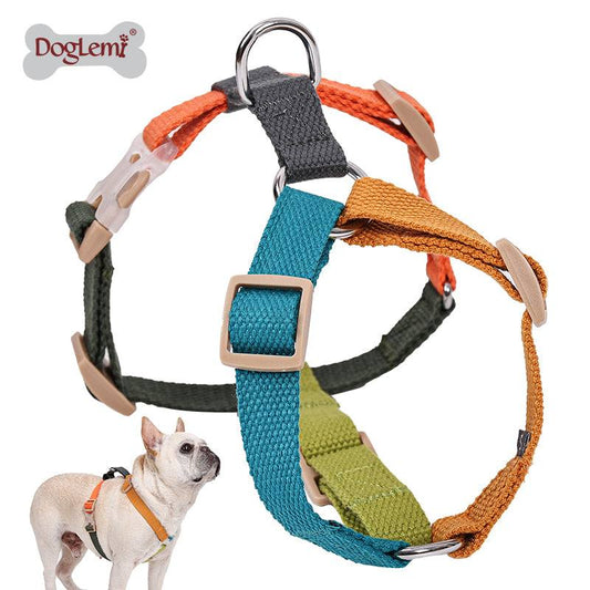 Multicolor adjustable dog harness with nylon straps and metal rings for medium to large dogs