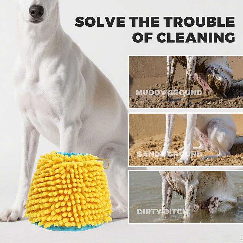 Dog cleaning mitt with a white dog and images of muddy, sandy, and dirty dog paws in water