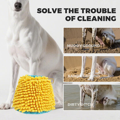 Dog cleaning mitt with a white dog and images of muddy, sandy, and dirty dog paws in water