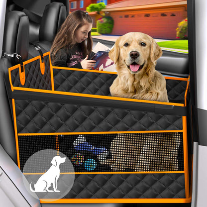 Large dog car seat with quilted black and orange rear seat extender for safe comfortable car travel