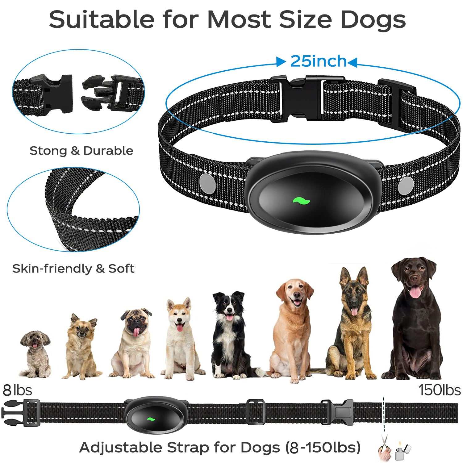 Dog training collar with remote control, waterproof, adjustable strap for dogs 8-150lbs, 25-inch durable and soft nylon band