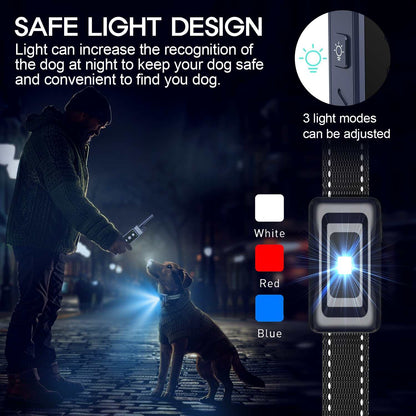 Dog vibration collar with 3 adjustable light modes for safe nighttime recognition and training.