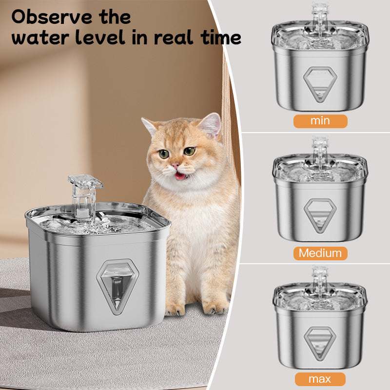 Stainless steel cat water dispenser with large capacity and real-time water level window beside a cat