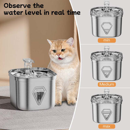 Stainless steel cat water dispenser with large capacity and real-time water level window beside a cat