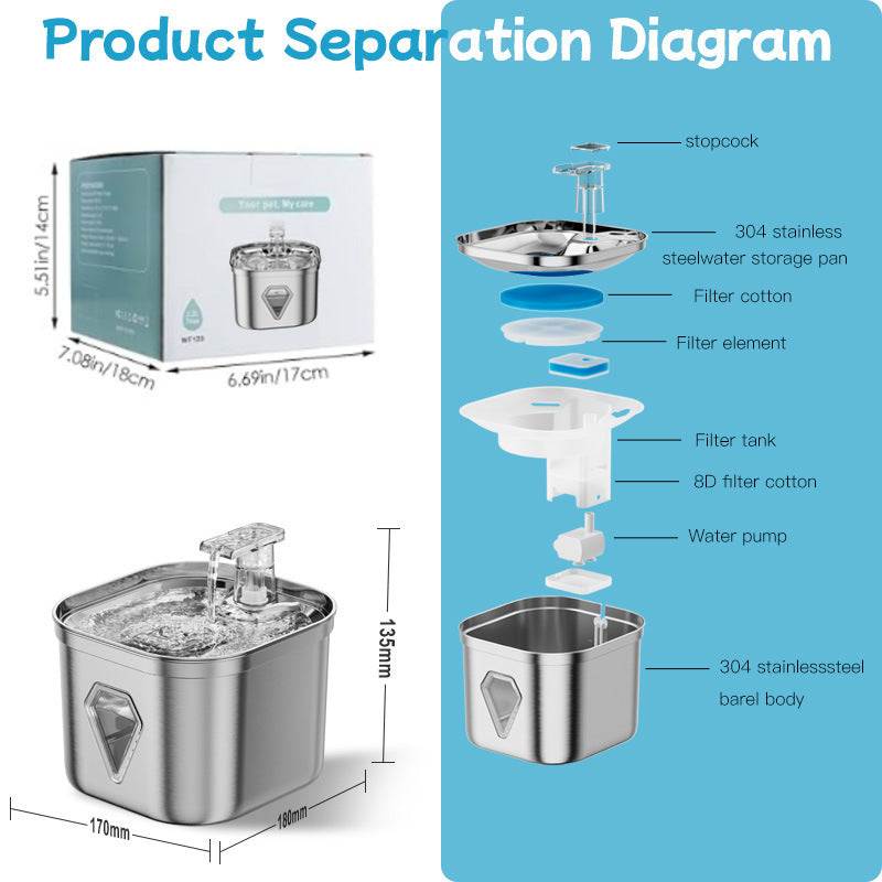 Stainless steel cat water dispenser 2.5L with silent pump, multi-stage filtration, and easy-to-clean BPA-free design