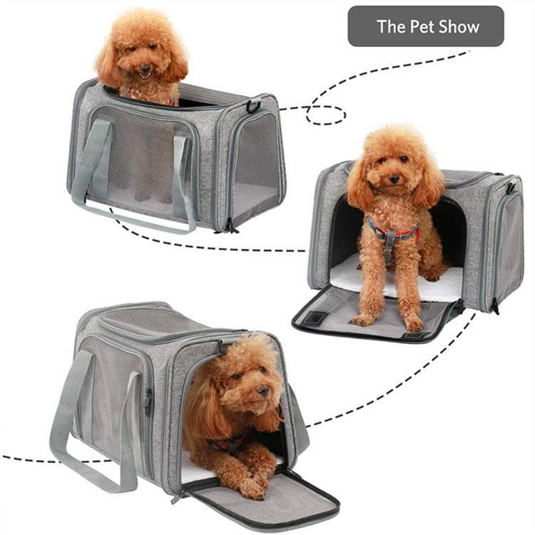 Gray Pet Backpack Transport Box with small brown dog inside showing breathable mesh panels and multiple entry points for travel