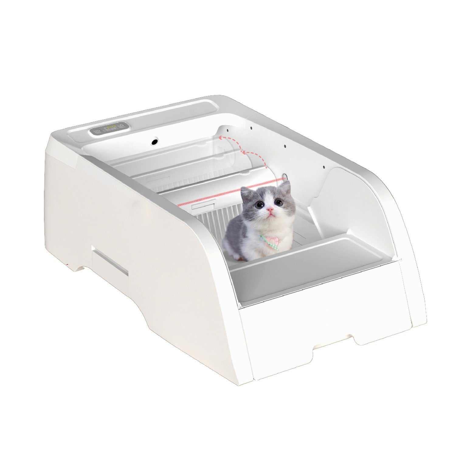 Self-cleaning cat litter box with infrared sensors and automatic cleaning, suitable for multi-cat households and kittens.