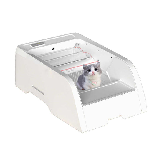 Self-cleaning cat litter box with infrared sensors and automatic cleaning, suitable for multi-cat households and kittens.