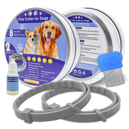 Anti-Flea Collars for Dogs and Cats with 8-month protection, includes two collars, flea comb, and treatment spray