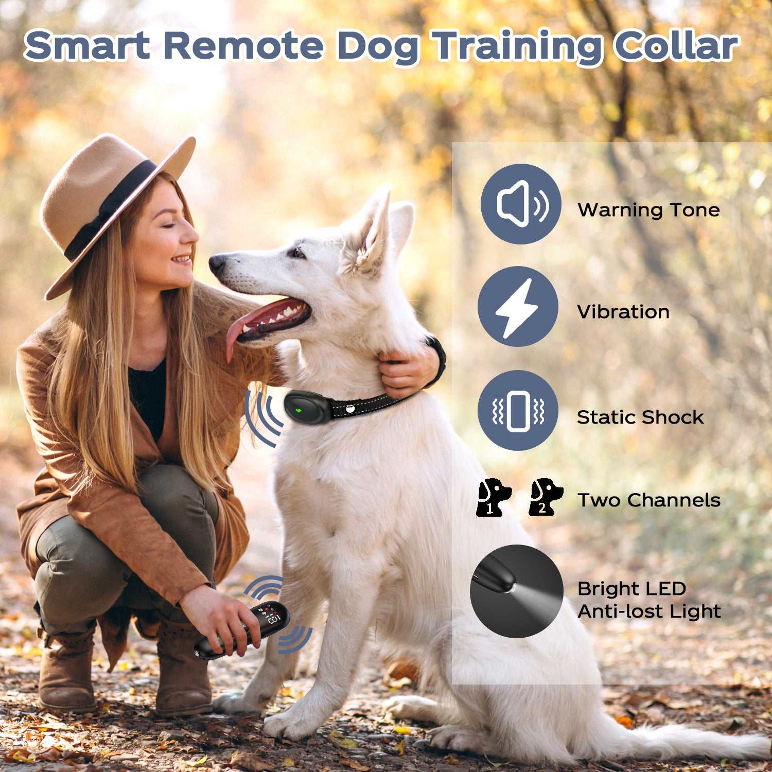 Dog Training Collar with remote control, waterproof, 1600ft range, sound, vibration, and static correction modes.
