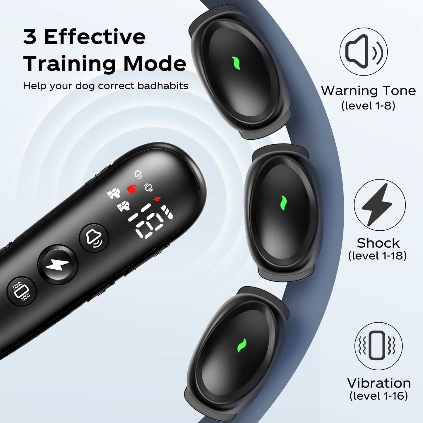 Dog training collar with remote control, 3 modes (sound, vibration, static), and 1600ft range for effective pet obedience training
