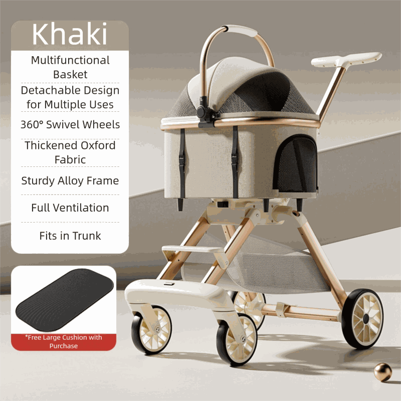 Khaki luxury pet stroller with 360° swivel wheels and breathable mesh for medium-sized dogs and cats.