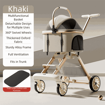 Khaki luxury pet stroller with 360° swivel wheels and breathable mesh for medium-sized dogs and cats.